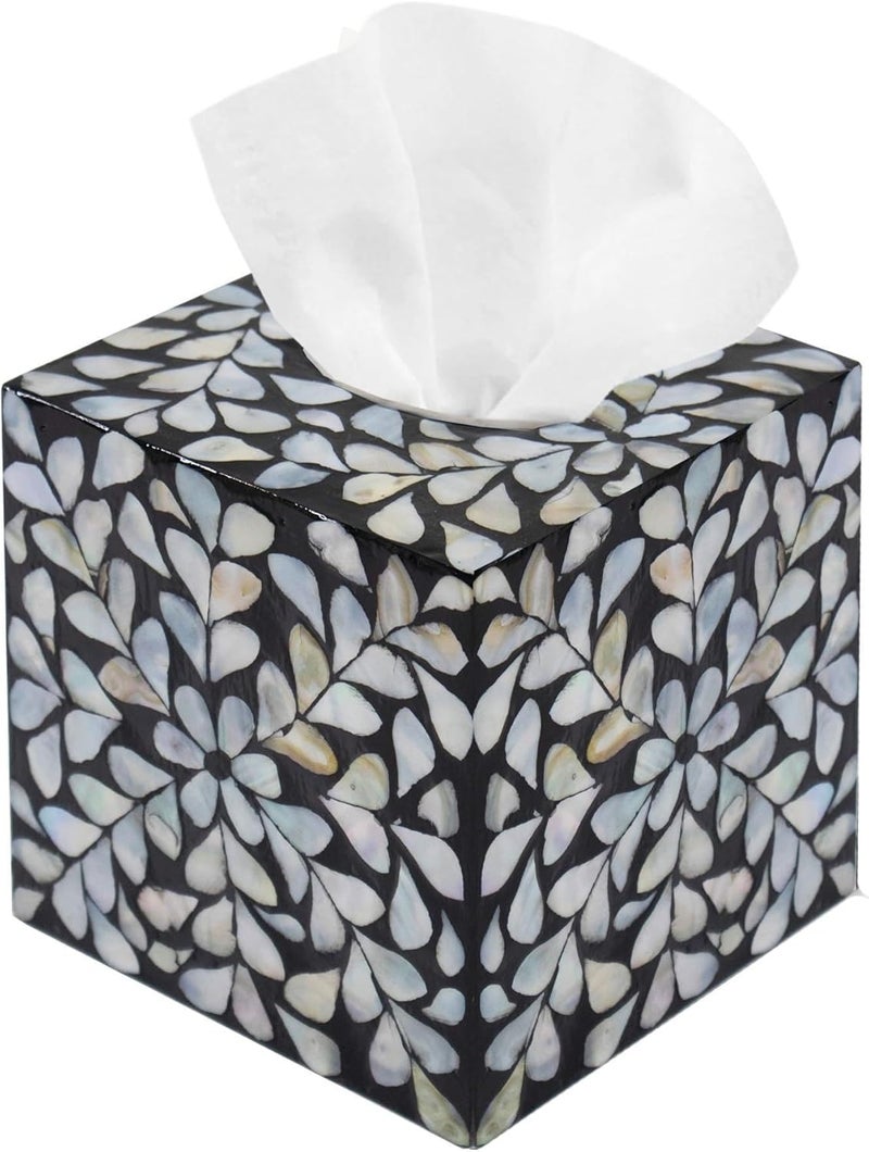 PEMAR Handcrafted Wooden Tissue Box Cover for Small Cube Tissue Boxes Only (Max Inner Size 4.7”) – Mother of Pearl Inlay Decorative Tissue Holder for Bathroom, Living Room & Office (White Vines) - Image 1